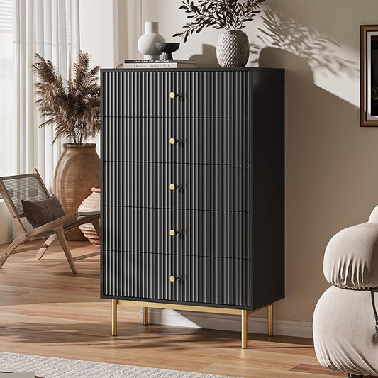 5 Drawer Dresser for Bedroom, Tall Dresser Chest of Drawers with Gold Handles, Wood Storage Cabinet for Bedroom, Black