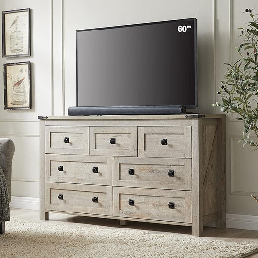 T4TREAM Farmhouse 7 Drawers Tv Stand, Wood Rustic, Storage Dressers Organizer for Bedroom, Living Room,Hallway, Light Rustic Oak