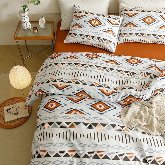 Luxlovery Beige Aztec Comforter Set Queen Boho Geometric Bedding Comforter Set American Farmhouse Tribal Ethnic Blanket Quilts Western 3pcs Comforter Set Queen Size