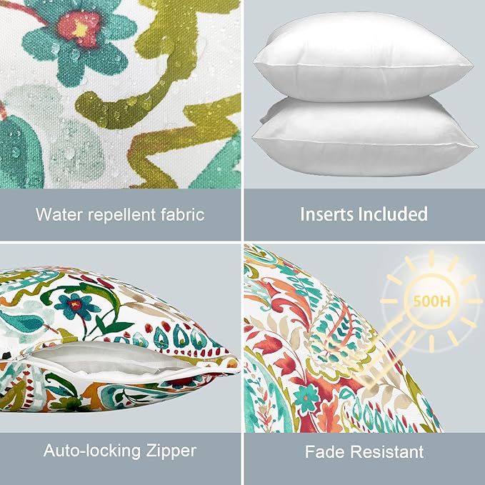 LVTXIII Outdoor/Indoor Throw Pillows, Decorative Patio Accent Pillows, Fluffy Water Repellent Garden Cushions for Home Patio Coach Sofa Use, 16×16 Inch, Pack of 2, Pretty Paisley