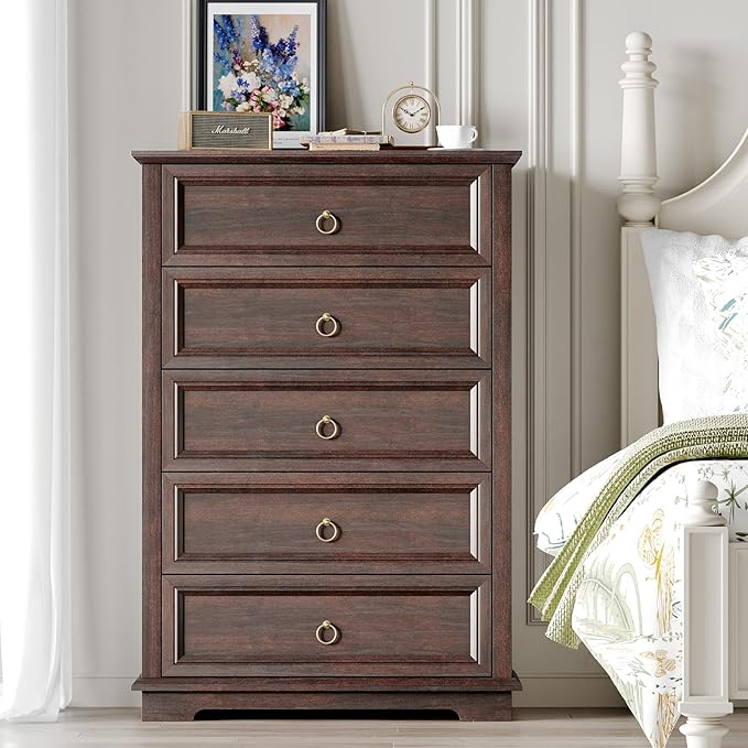 5 Drawer Dresser, Chest of Drawers with Double Anti-Tip, Modern Tall Dresser Organizer for Bedroom, Living Room & Hallway – Easy Assembly Storage Cabinet, Espresso