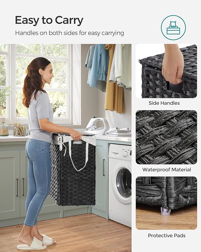 SONGMICS Laundry Hamper with Lid, 110L Clothes Hamper with 2 Removable Liner Bags, 6 Mesh Bags, Wicker Laundry Basket, Double Laundry Hamper for Laundry Room, 13 x 22.4 x 23.6 Inches Black ULCB52BK