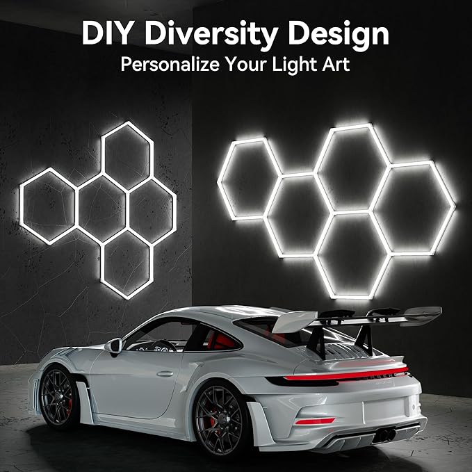 MODERN Hexagon Garage Light: Higher Brightness 38880 Lumens Honeycomb Garage Light, 8 Grid Systems 6500K, Hexagon Garage Grid Lighting for Garage, Gym, Car Detailing Shop etc.