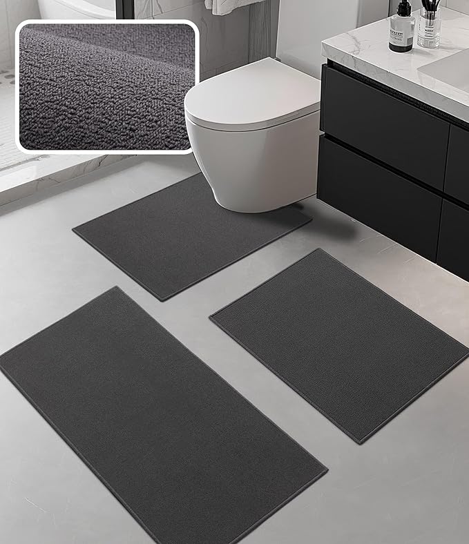 YIHOUSE Bathroom Rug Sets 3 Piece, Ultra Thin Bath Mat Fit Under Door, Quick Dry Absorbent Bath Mat for Bathroom Non Slip Machine Washable Floor Mat (Dark Grey, 3 Piece)