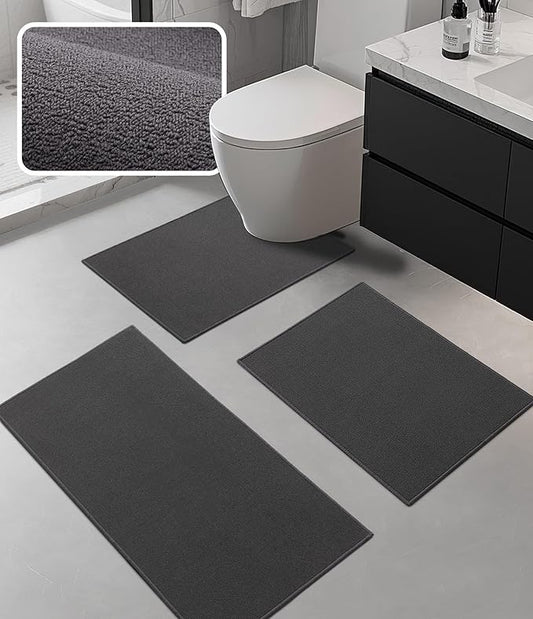 YIHOUSE Bathroom Rug Sets 3 Piece, Ultra Thin Bath Mat Fit Under Door, Quick Dry Absorbent Bath Mat for Bathroom Non Slip Machine Washable Floor Mat (Dark Grey, 3 Piece)