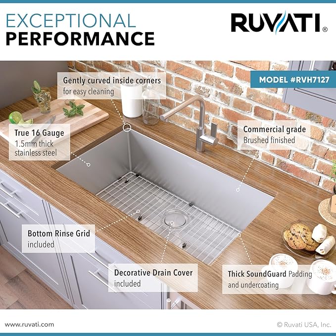 Ruvati 27-inch Rounded Corner Undermount Kitchen Sinks Single Bowl – Durable 16 Gauge Stainless Steel Kitchen Sink with Brushed Finish hides scratches, Easy-to-Clean Undermount Sink - RVH7127