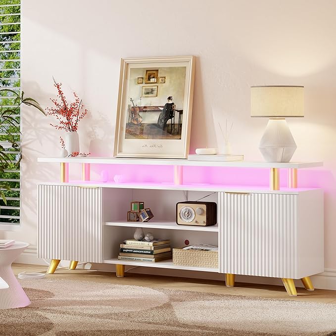 Lulive Luxury Fluted TV Stand for 60/65/70 Inch TV with Power Outlet & LED Light, Modern Entertainment Center with Fluted Panel Design, Modern TV Console Table for Living Room & Bedroom, White