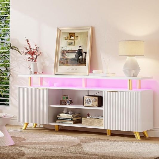 Lulive Luxury Fluted TV Stand for 60/65/70 Inch TV with Power Outlet & LED Light, Modern Entertainment Center with Fluted Panel Design, Modern TV Console Table for Living Room & Bedroom, White