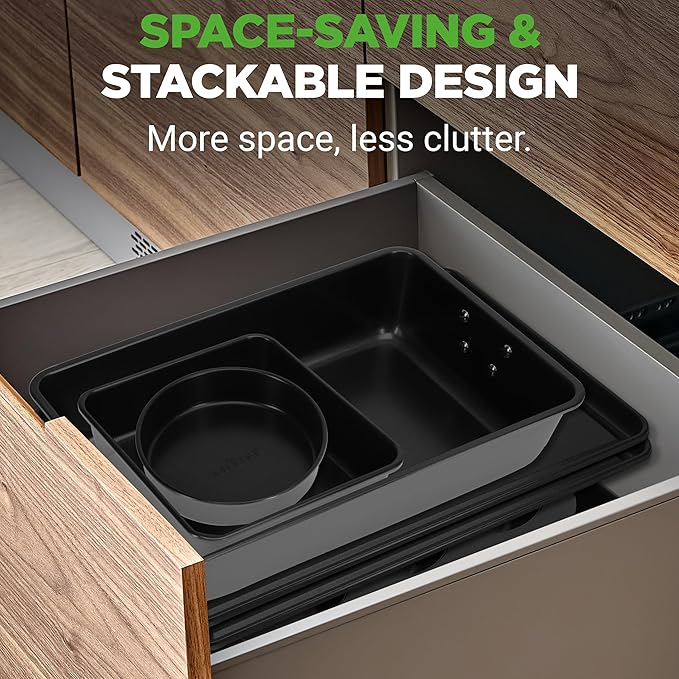NutriChef 8-Piece Nonstick Stackable Bakeware Set – Non Toxic Carbon Steel Baking Trays W/Cookies Sheet Muffin, Loaf, Cake, Round & Square Pan – Easy To clean & Easy to Release, Oven Safe – Gray