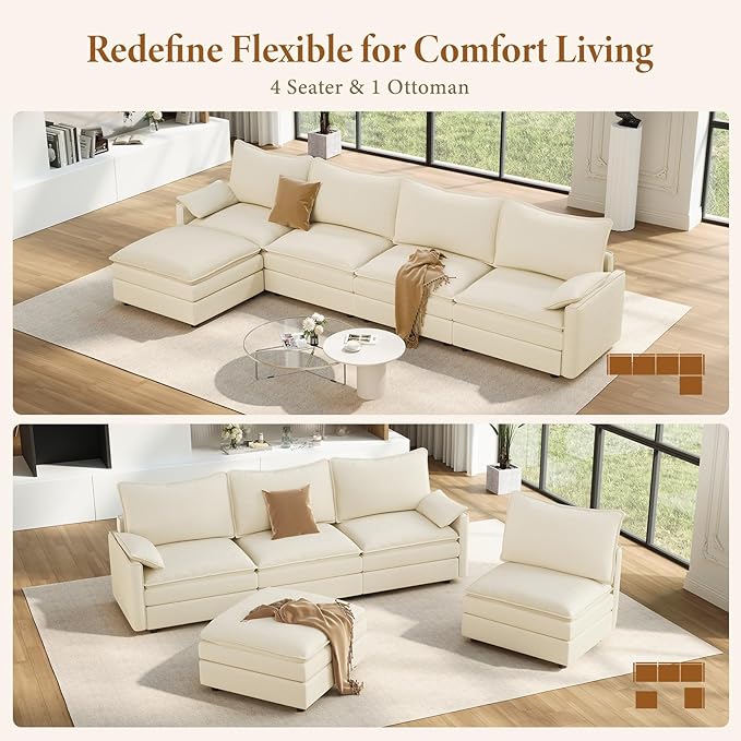Vesgantti 142" Cloud Couch Sectional Modular Sofa, Comfy Sectional Couch with Ottoman Deep Seat Chenille L Shaped Sofa, Modular Couches for Living Room, Bedroom and Apartment, Beige