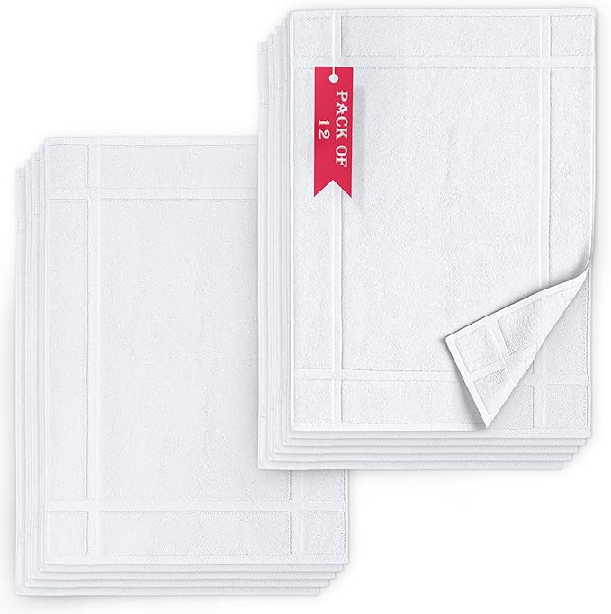 Pearl Linens Pack of 12 100% Cotton Bath Mat 20x30 inches, Soft & Absorbent Quick Dry Bathroom Mat Set, Not Bathroom Rugs, After Shower Mat, Bath Tub Mat, 687 GSM, Machine Washable, White