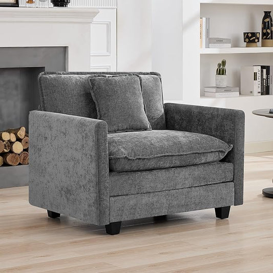 41'' Modern Chenille Oversized Chair, Upholstered Accent Living Room Chair with Extra Thicked Deep Seat, Single Lounge Chair for Bedroom, Small Apartment, Grey