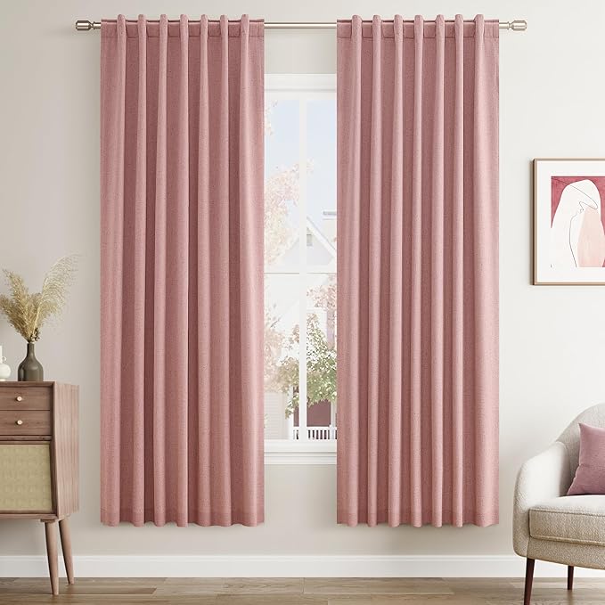 Guken Blush Pink Linen Blackout Curtains 72 Inch Length 2 Panels Set for Living Room Bedroom Back Tab Thermal Insulated 100% Black Out Linen Drapes Room Darkening Window