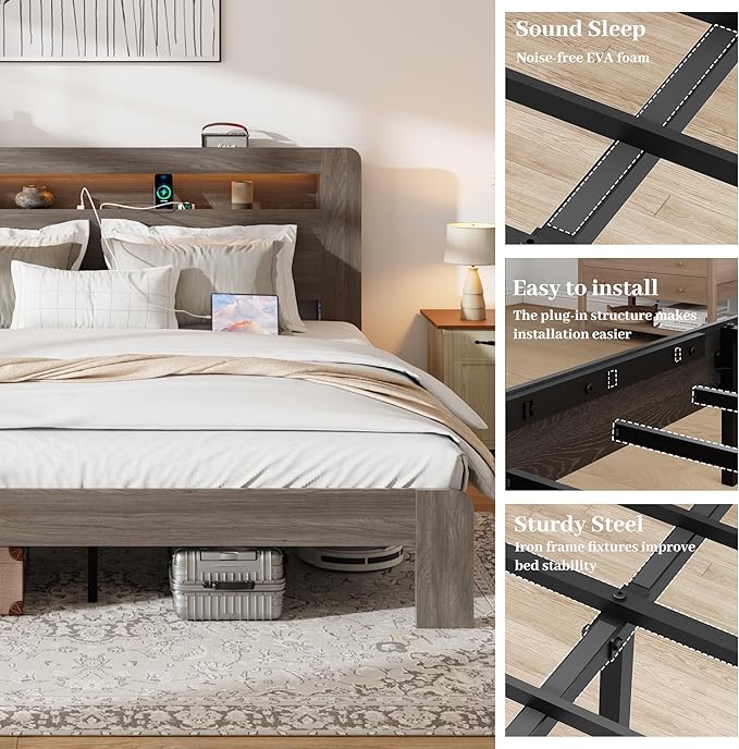 Wood King Size Bed Frame with Headboard, Farmhouse Platform Bed Frame with Bookcase Shelf,LED Lights,Charging Station,Heavy Duty Supports,No Box Spring Needed,Dark Grey