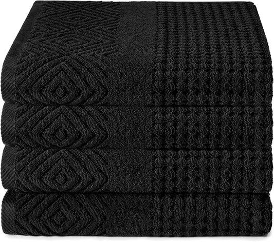 Texere 100% Organic Cotton Diamond Jacquard 700 GSM Luxury Bath Towel Sets - Ultra Soft and Absorbent Hotel and Spa Quality (Diamond, Black, 4 Bath Towels)