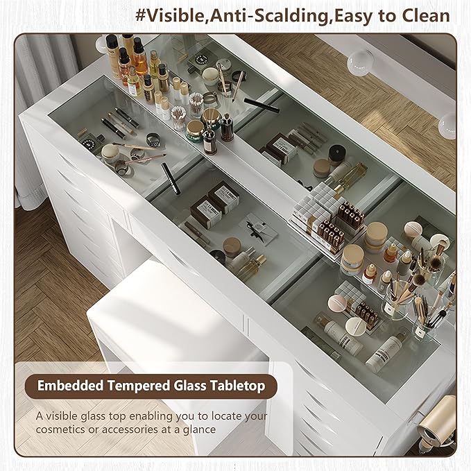 15 Drawers Vanity Desk with Power Outlet, Makeup Table with Mirror and 13 LED Lights, 3 Color Lighting Modes, Brightness Adjustable, Glass Top Dressing Table, Vanity Set for Bedroom (White)