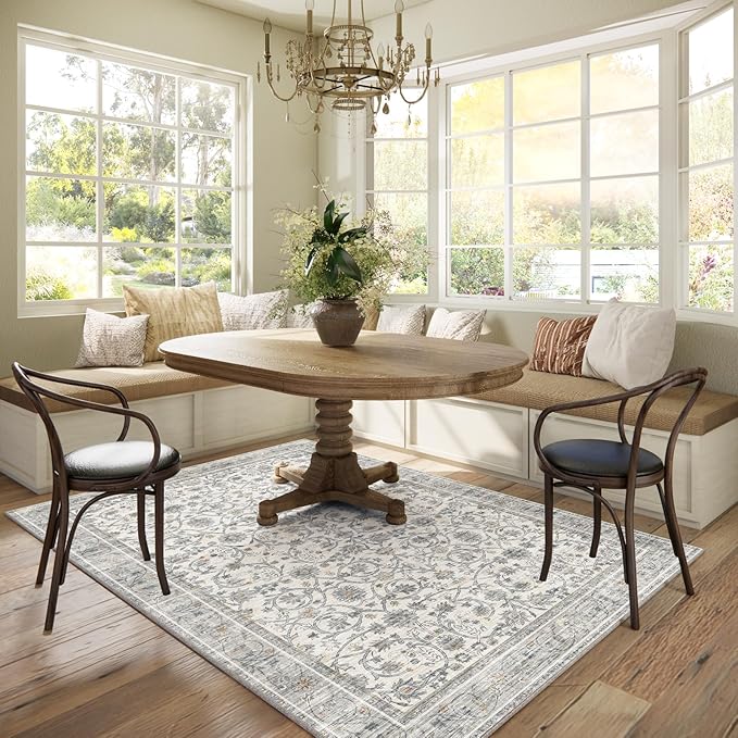 Washable Area Rugs 5'x7' Non-Slip Vintage Boho Distressed Fade Resistant Low Pile Carpet for High-Traffic Living Room, Bedroom & Dining Room