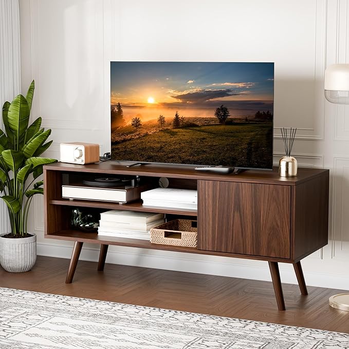 Cozy Castle TV Stand for 48 Inch TV, Mid Century Modern Entertainment Center with Storage Cabinet, TV Media Console for Living Room, Bedroom, Dark Brown