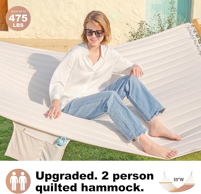 Double Quilted Fabric Hammock with Spreader Bar, Fit 11-12ft Hammock Stand, 2 Person 12ft Hammocks for Outside, Large Removable Pillow Storage Bag, Carabiners, Max 475 lbs Capacity (Beige)