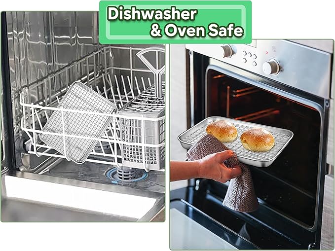 TeamFar Toaster Oven Pan with Rack Set, 9’’ x 7’’ x 1’’ Stainless Steel Compact Toaster Oven Small Baking Pan Tray with Mini Cooling Grid Rack, Healthy & Heavy-Duty, Dishwasher & Oven Safe, 2pcs