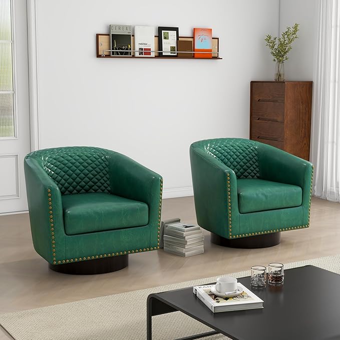 Swivel Barrel Accent Chair, Comfy Modern Upholstered Round Faux Leather Arm Chair for Living Room, Bedroom（Green, Set of 2