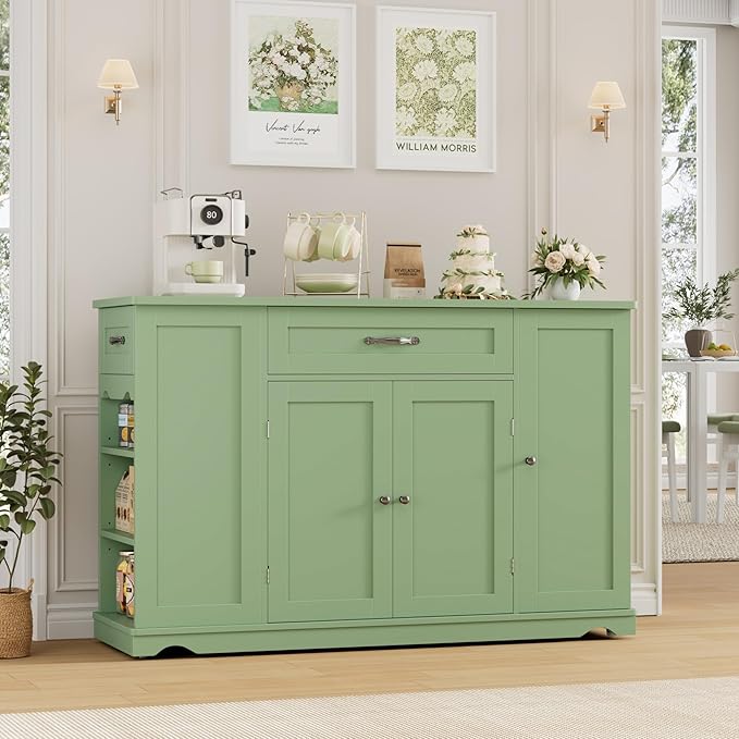 HOSTACK Kitchen Island Cart with Storage, 47'' Kitchen Storage Island on Wheels with 2 Drawer, Rolling Island Table with Adjustable Shelve, Mobile Buffet Sideboard Cabinet for Dining Room, Light Green