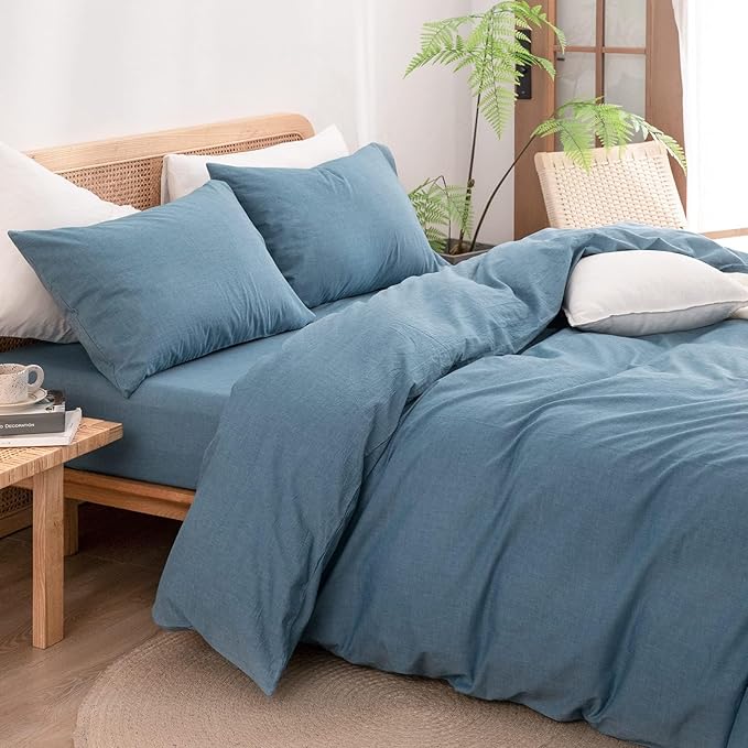 BESTOUCH Duvet Cover Set 100% Washed Cotton Linen Feel Super Soft Comfortable Chic Lightweight 3 PCs Home Bedding Set Solid Dark Blue Oversized Full