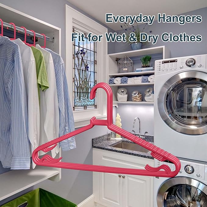 Plastic Hangers 50 Pack, Light Weight Durable Clothes Hangers with Hooks Standard Size G-Shape&Non-Slip Coat Hangers for Everyday Use (Pink)