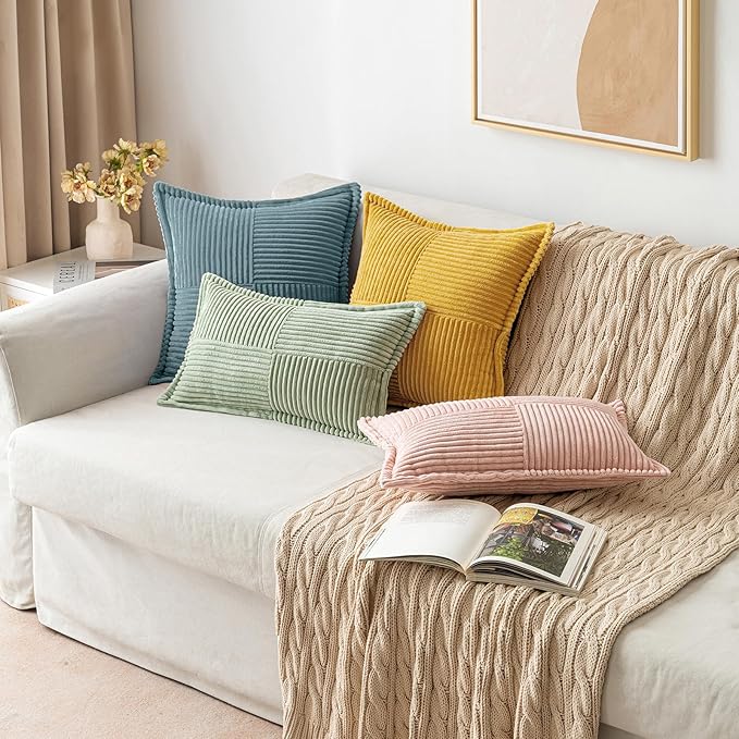 MIULEE Decorative Lumbar Throw Pillow Covers for Couch Bed Livingroom 12x20 Inch Set of 2 Gold Boho Accent Throw Pllows Broadside Striped Patchwork Soft Corduroy Summer Pillowcases