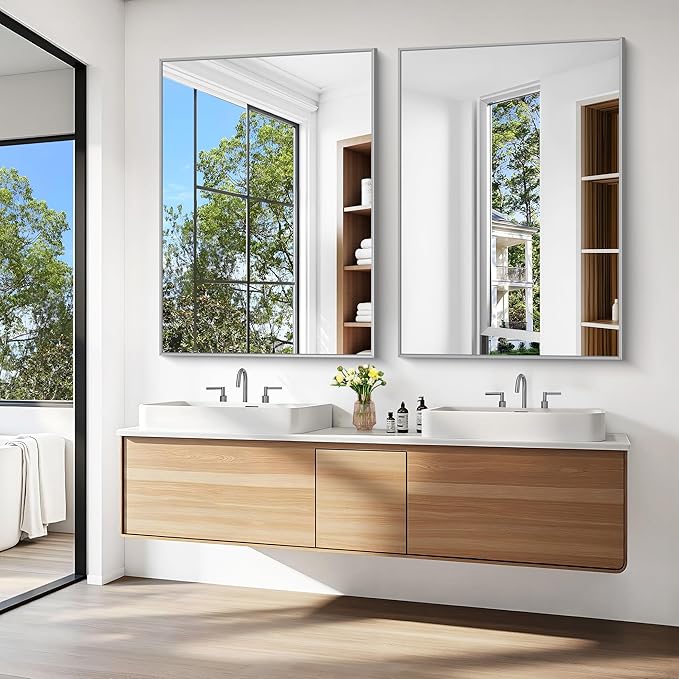 KOCUUY Silver Bathroom Mirror, 48"x36" Large Rectangular Mirror with Metal Frame, Brushed Nickel Vanity Mirror with Modern Design for Bathroom, Living Room, Entryway, Hang Horizontal/Vertical