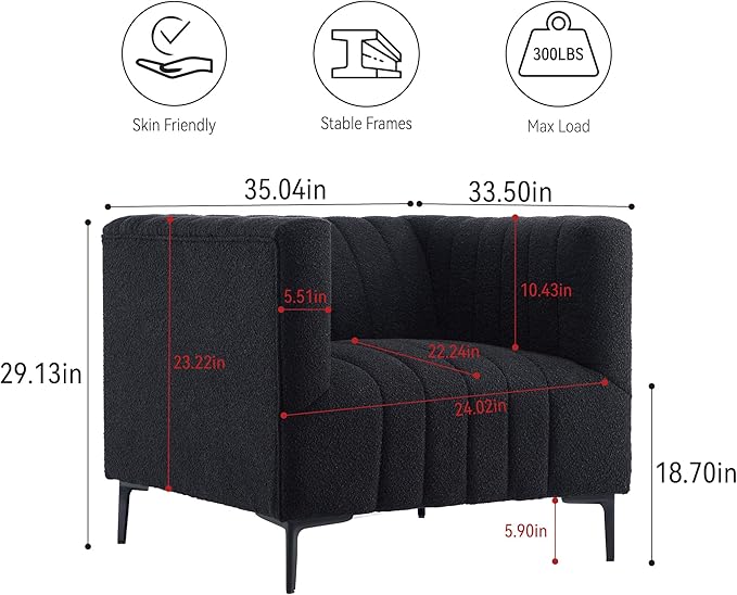 Get Set Style Modern Accent Single Sofa Chair with Arms,Tufted Boucle Upholstered Comfy Reading Arm Chair,Thick Seat Cushion Chair for Living Room Bedroom Study Studio Lounge, Black
