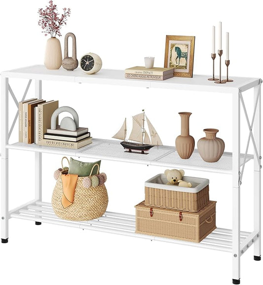 Hoctieon White Industrial Console Table, 3 Tier Entryway Tables, Hallway Desk, Narrow Sofa Tables with Shelves, Entrance Table for Entryway, Living Room, Foyer, Hallway, Office, White