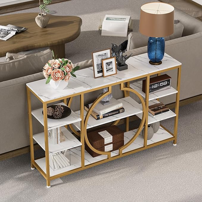 GiftGo 47" Industrial Console Tables for Entryway Rustic Sofa Table Behind Couch 4 Tier Wooden Shelves Entry Table with Storage for Foyer, Hallway, Front Door,Living Room (White Gold, 47")