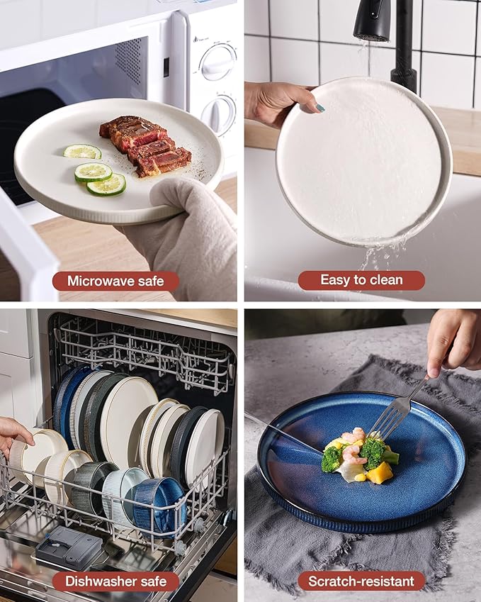 Famiware Star Dinnerware Set, Plates and Bowls Sets for 4 (12pcs), Ribbed Stoneware Dishes - Chip & Scratch Resistant, Microwave & Dishwasher Safe, Multicolor - Matte White & Matte Dark Charcoal