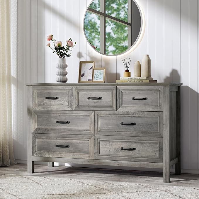 Farmhouse 7-Drawer Dresser for Bedroom, 52" Wide Wood Chest of Drawers with Large Metal Handles, Grey Dressers Storage Organizer for Bedroom, Living Room & Hallway