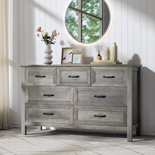 Farmhouse 7-Drawer Dresser for Bedroom, 52" Wide Wood Chest of Drawers with Large Metal Handles, Grey Dressers Storage Organizer for Bedroom, Living Room & Hallway