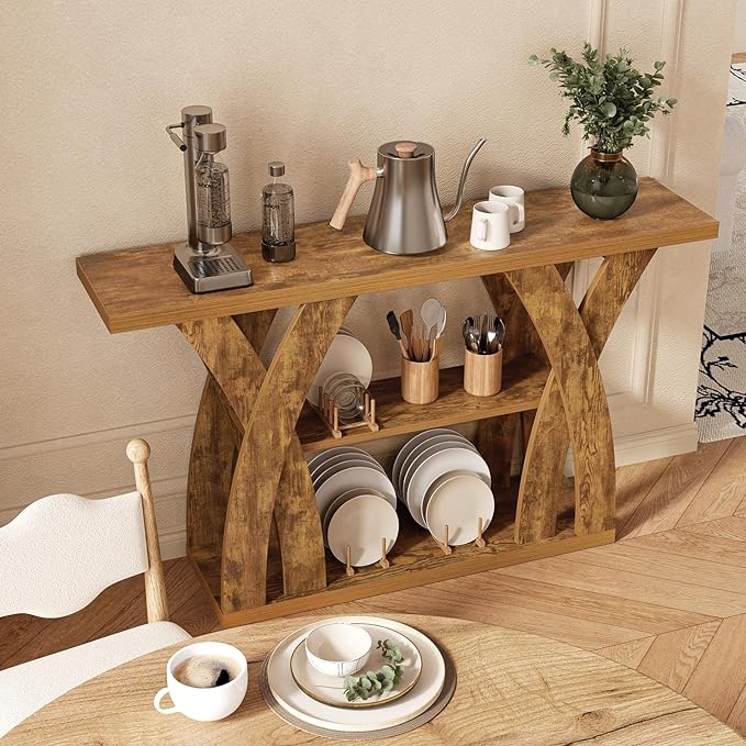 Farmhouse Console Tables, 55-Inches Narrow Console Tables 3-Tier Rustic Wood Sofa Behind The Couch Table Entryway Table for Living Room, Bedroom, Home Office (Tiger Brown)