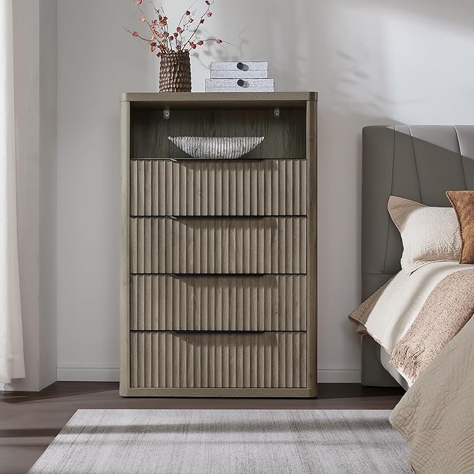 SICOTAS Dresser for Bedroom - Tall Dressers & Chests of Drawers with 4 Drawers Large Modern Dresser for Closet Fluted Wide TV Stand Clothes Closet Storage for Bedroom Hallway Entryway, Grey Alder