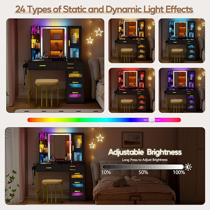 Makeup Vanity Desk with Mirror and RGB Lights,Glass Top Vanity Table with Wireless Charging & Stool,Vanity Set with 6 Drawers & Storage Cabinet & Makeup Organizer，Bedroom（Black）