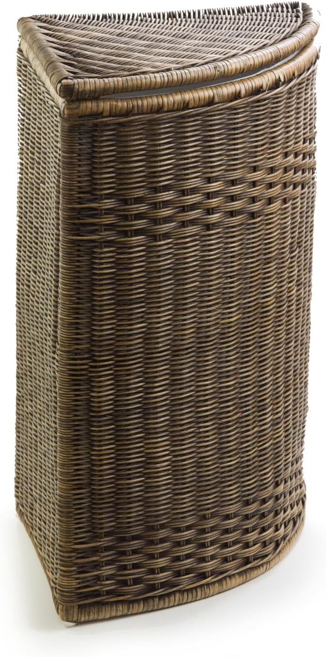 The Basket Lady Corner Wicker Laundry Hamper, 15 in L x 15 in W x 28 in H, Antique Walnut Brown