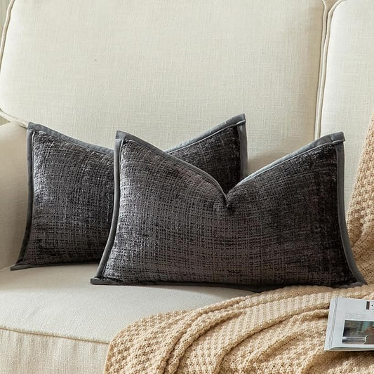 Yaertun Pack of 2 Chenille Textured Decorative Throw Pillow Covers Accent Solid Cushion Cover Soft Cozy Pillow Case with Velvet Back for Couch Sofa Bed Living Room 12x20 Inch Dark Grey