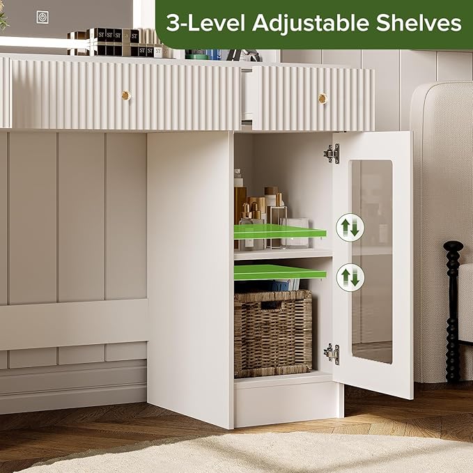 Vanity Desk with Mirror and Lights, Modern Makeup Vanity with Glass Top, Fluted Dressing Table Vanity Set with 3 Drawers, 4 Open Shelves, and Storage Cabinets for Bedroom, 3 Color Modes