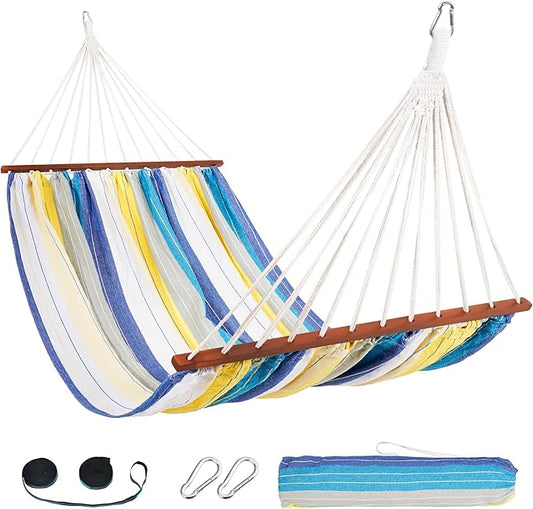 Lazy Daze Hammocks Cotton Fabric Spreader Bar Hammock, Outdoor Portable Hammock with Carrying Bag & Tree Straps for Bedroom, Patio, Backyard, Balcony, Max 450lbs Capacity, Blue & Yellow
