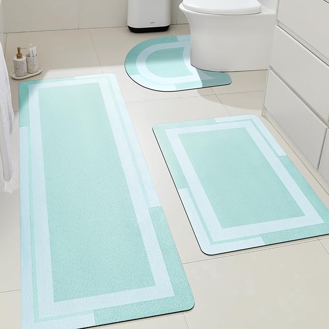 ACCUMTEK Ultra Thin Bath Mats Fit Under Door 3 Piece, Upgrade Backing Non Slip Bath Mat, Quick Dry Absorbent Bath Mat, Machine Washable Bathroom Rugs for Bathroom Floor, Bathtub, Kitchen, Sage Green