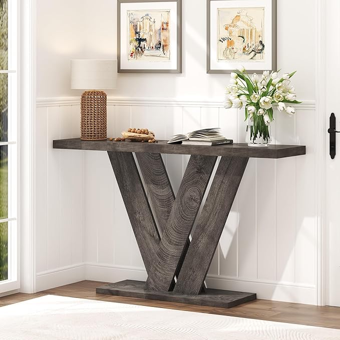 karlott 51 Inch Console Table, Farmhouse Entryway Table with V-Shaped, Wood Sofa Table Behind Couch Table, Narrow Entryway Accent Table for Living Room, Hallway, Entrance, Foyer, Brown, Grey