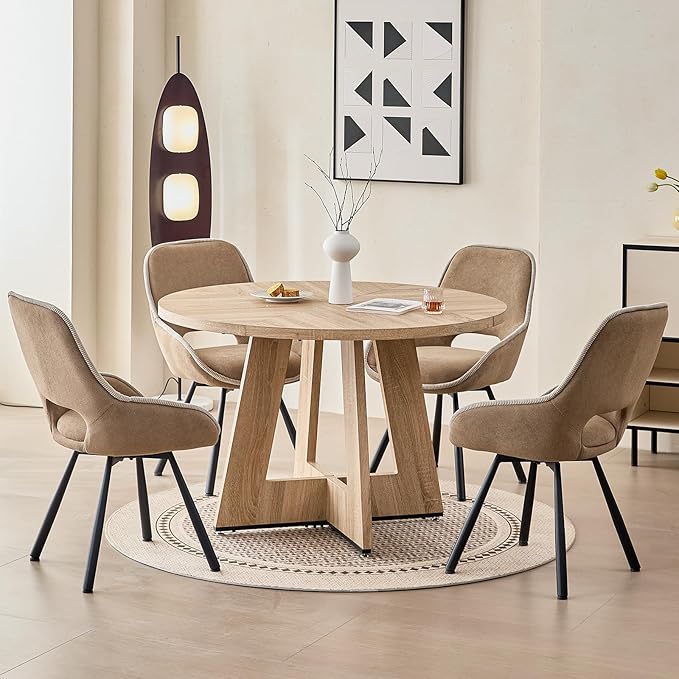 47" Round Dining Room Table Set for 4, [Fanned Base] [1.38" Thick Top] Wood Kitchen Table with 4 Swivel Dining Chairs
