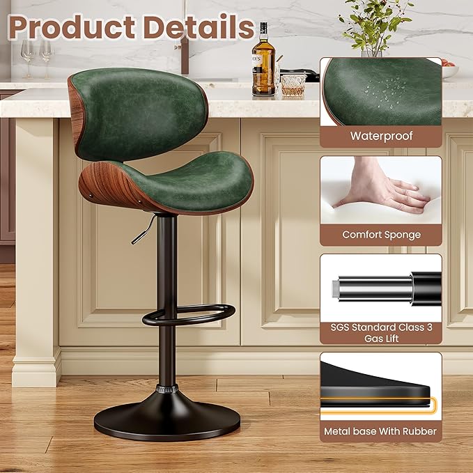 Bar Stools Set of 4, Bentwood Adjustable Height Swivel Bar Stools, PU Leather Upholstered Bar Chair with Back and Footrest for Bar, Kitchen, Green