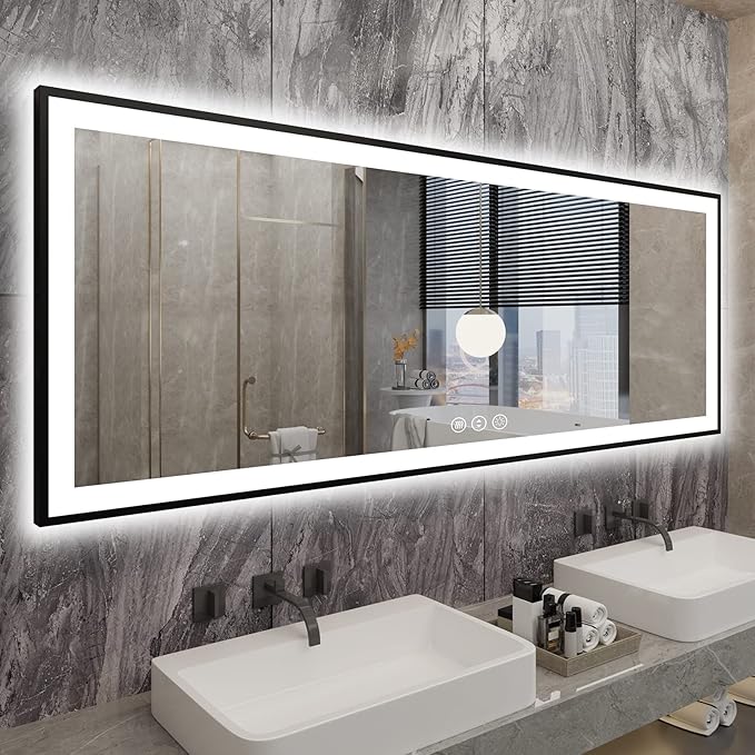 84x32 Large LED Bathroom Mirror - Black Aluminum Framed (Front and Backlit), Anti-Fog Lighted Mirror for Wall,Stepless Dimmable Vanity Mirror,3 Colors Smart Mirror(Horizontal/Vertical)