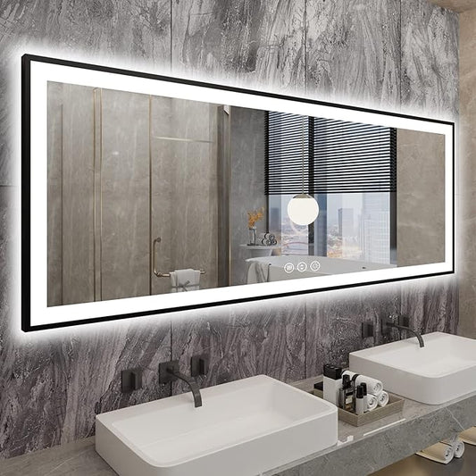 84x32 Large LED Bathroom Mirror - Black Aluminum Framed (Front and Backlit), Anti-Fog Lighted Mirror for Wall,Stepless Dimmable Vanity Mirror,3 Colors Smart Mirror(Horizontal/Vertical)