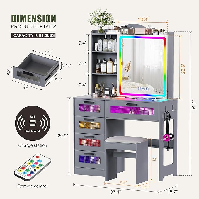 Vanity Desk with Sliding Vanity Mirror and RGB Lights,Makeup Vanity Desk with Charging Station,LED Vanity Table with Hidden Storage,Dressing Table Set with Stool&5 Drawers for Bedroom,Grey